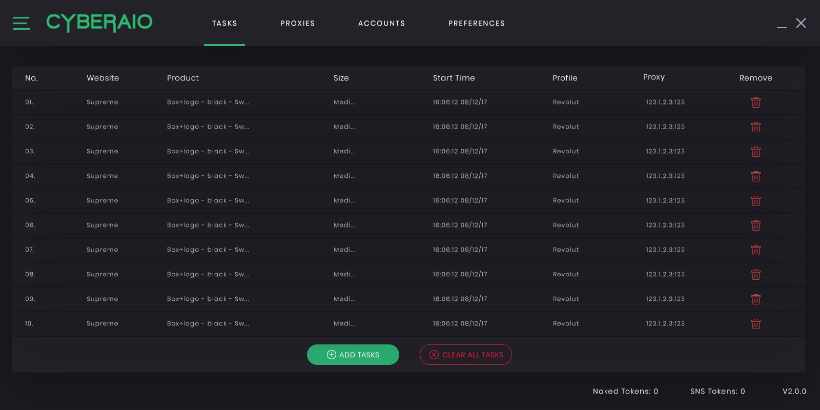 Graphical user interface of popular sneaker bot all-in-one tool CyberAIO