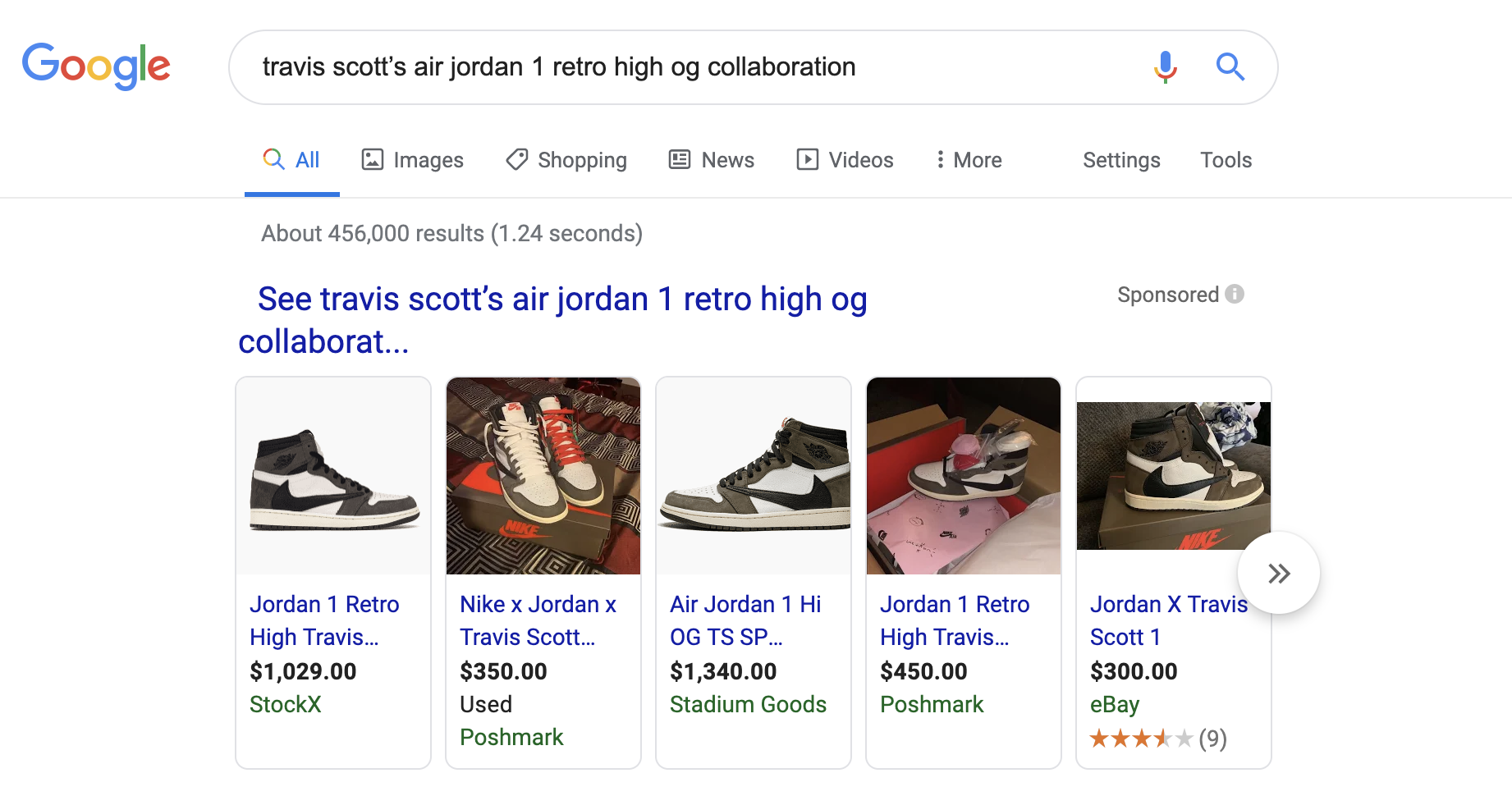 Search results for travis Scott AJ 1 OG Shoes on 10/8/19