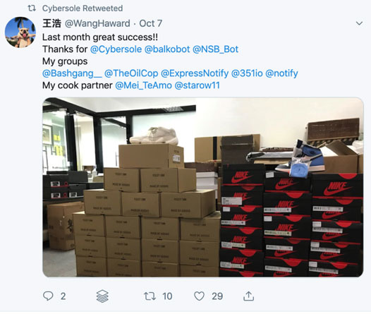 Tweet from a CyberAIO user showing hot shoes bought with the bots