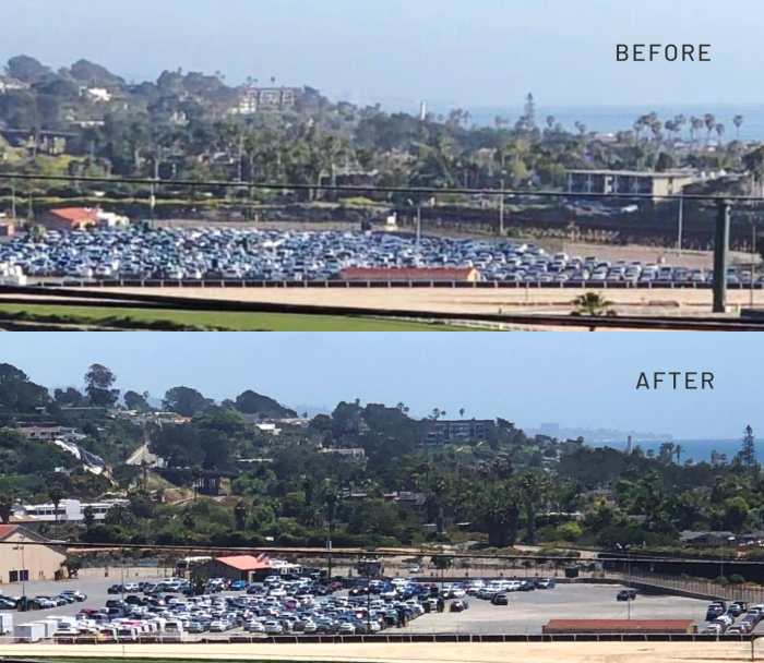 Del Mar Fairground’s parking lot in San Diego on April 2 (before) and on June 7 (after)