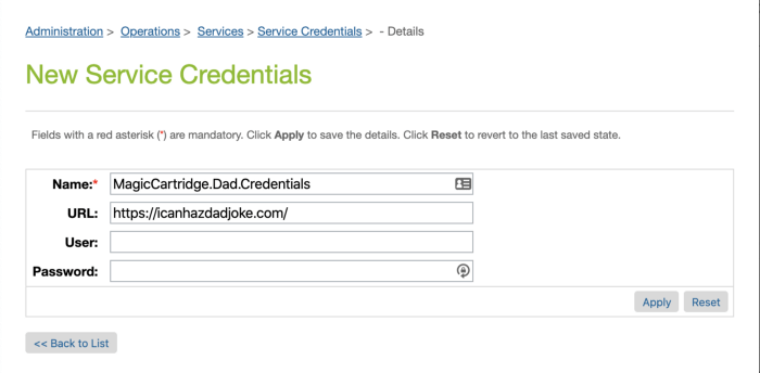 New Service Credentials Screenshot